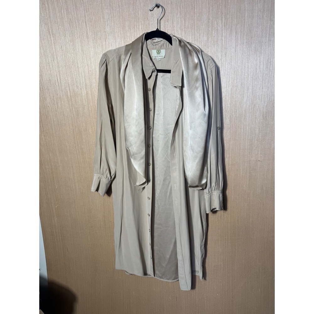 KOCH $280 Beige Cotton Gauze Bow Tie Belt Detail Button Down Shirt Dress USA